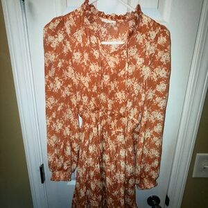 Floral brown cream Women's long sleeve Mini Dress blu Pepper Large Ruffle Hem